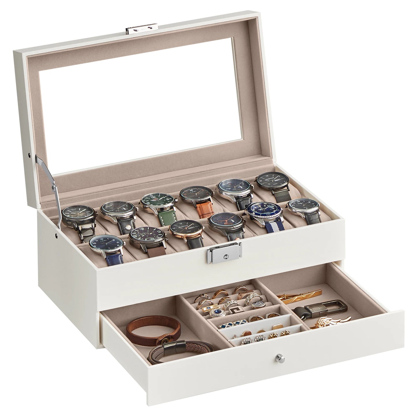 SONGMICS Lockable Watch Box 12-Slot with Glass Lid 2 Layers Watch Case with 1 Drawer for Rings And Bracelets Gift Idea