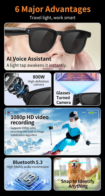 AI Smart Glasses V3 with 8MP Camera & ChatGPT. Features Bluetooth Call, Voice Wake-Up, Video Record & Music Play