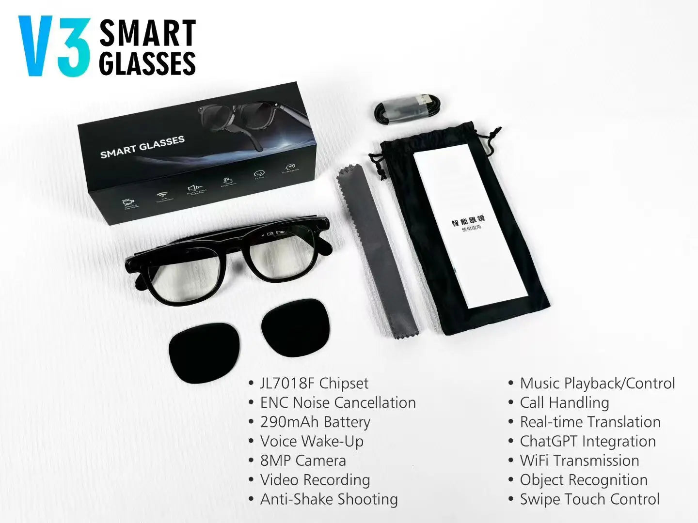 AI Smart Glasses V3 with 8MP Camera & ChatGPT. Features Bluetooth Call, Voice Wake-Up, Video Record & Music Play