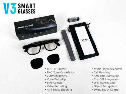 AI Smart Glasses V3 with 8MP Camera & ChatGPT. Features Bluetooth Call, Voice Wake-Up, Video Record & Music Play