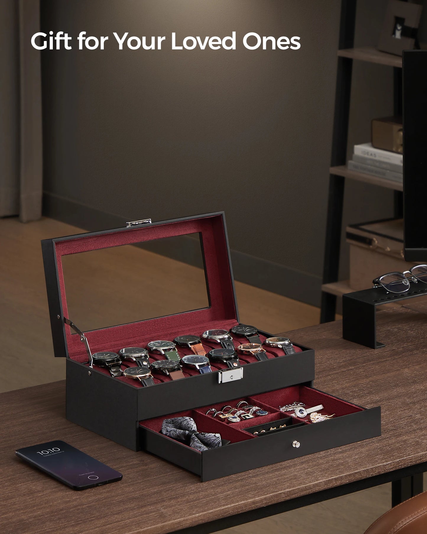 SONGMICS Lockable Watch Box 12-Slot with Glass Lid 2 Layers Watch Case with 1 Drawer for Rings And Bracelets Gift Idea