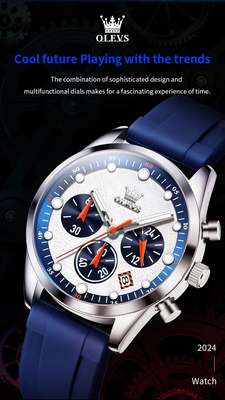 OLEVS 5602 Men Watch Silicone Strap Luxury Quartz Watch Classic HD Waterproof Luminous Chronograph TOP Business Dress Men Watch