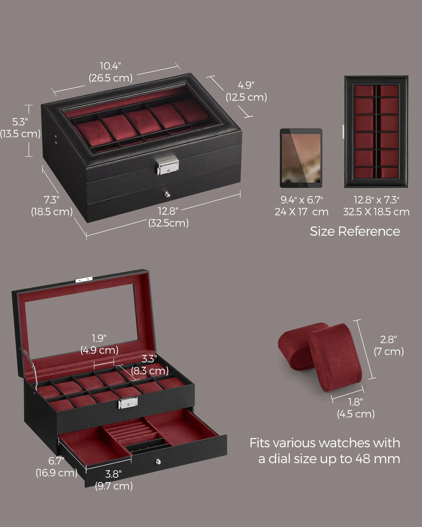 SONGMICS Lockable Watch Box 12-Slot with Glass Lid 2 Layers Watch Case with 1 Drawer for Rings And Bracelets Gift Idea