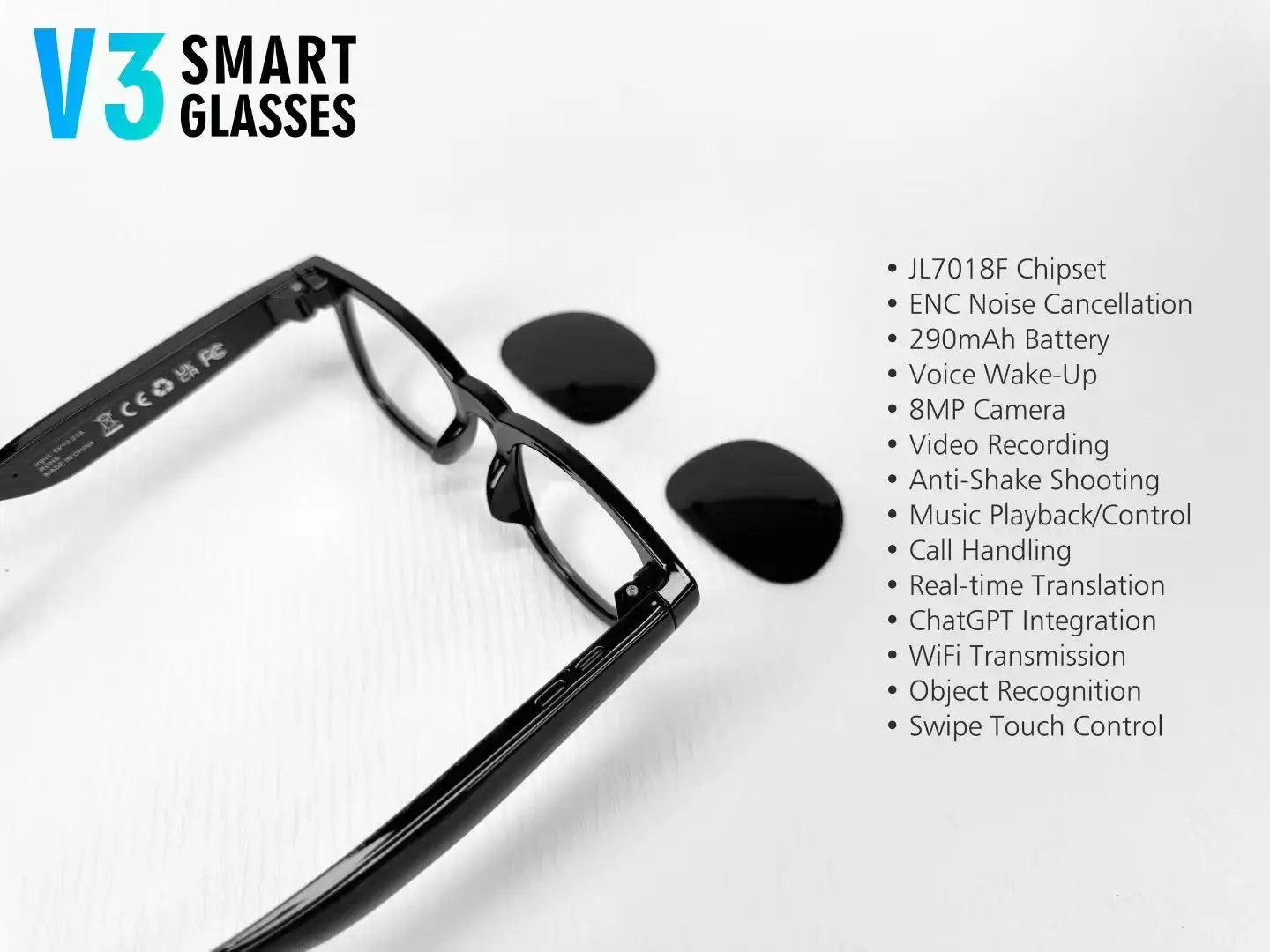 AI Smart Glasses V3 with 8MP Camera & ChatGPT. Features Bluetooth Call, Voice Wake-Up, Video Record & Music Play