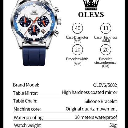 OLEVS 5602 Men Watch Silicone Strap Luxury Quartz Watch Classic HD Waterproof Luminous Chronograph TOP Business Dress Men Watch