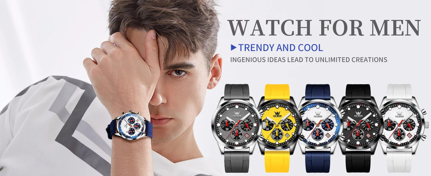 OLEVS 5602 Men Watch Silicone Strap Luxury Quartz Watch Classic HD Waterproof Luminous Chronograph TOP Business Dress Men Watch