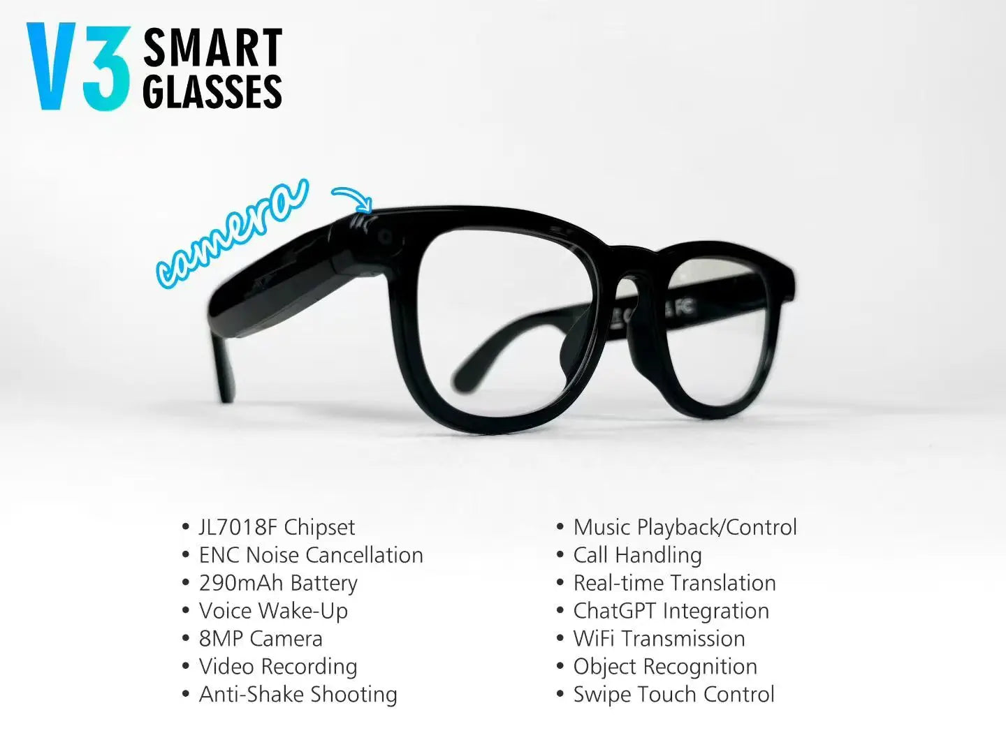 AI Smart Glasses V3 with 8MP Camera & ChatGPT. Features Bluetooth Call, Voice Wake-Up, Video Record & Music Play