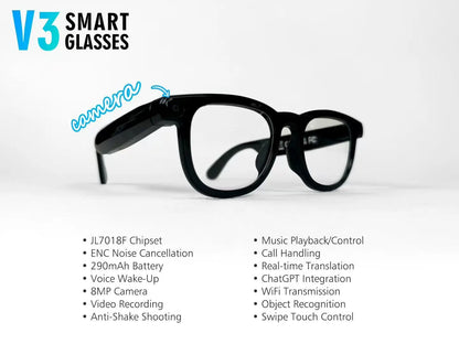 AI Smart Glasses V3 with 8MP Camera & ChatGPT. Features Bluetooth Call, Voice Wake-Up, Video Record & Music Play