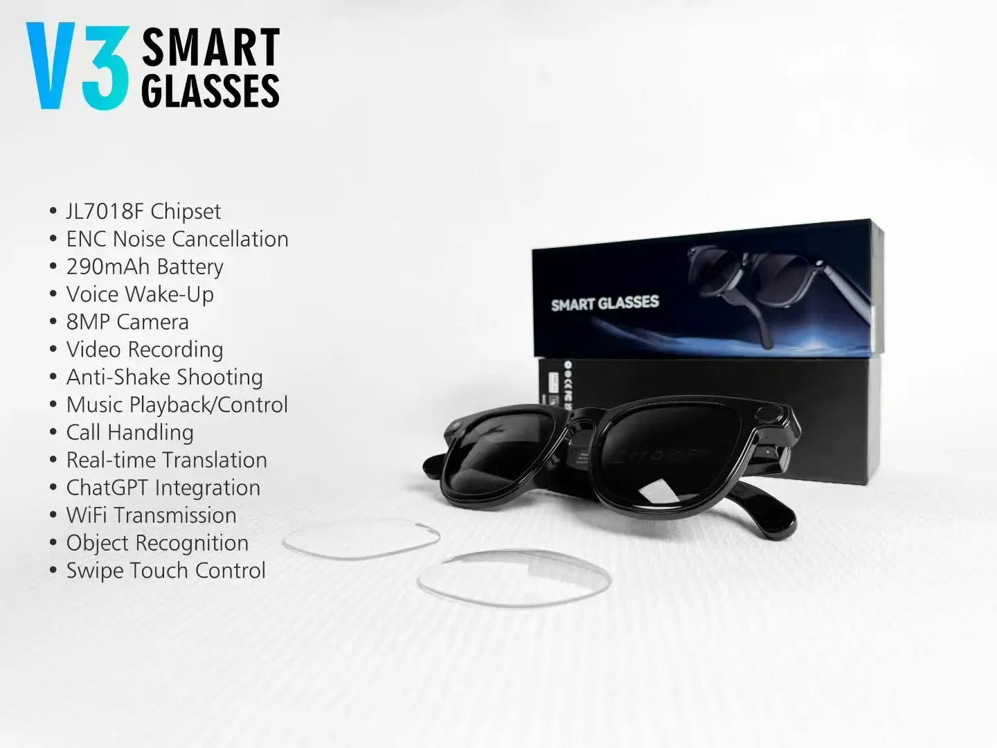 AI Smart Glasses V3 with 8MP Camera & ChatGPT. Features Bluetooth Call, Voice Wake-Up, Video Record & Music Play