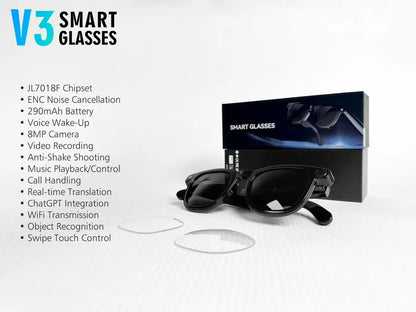 AI Smart Glasses V3 with 8MP Camera & ChatGPT. Features Bluetooth Call, Voice Wake-Up, Video Record & Music Play
