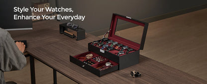 SONGMICS Lockable Watch Box 12-Slot with Glass Lid 2 Layers Watch Case with 1 Drawer for Rings And Bracelets Gift Idea