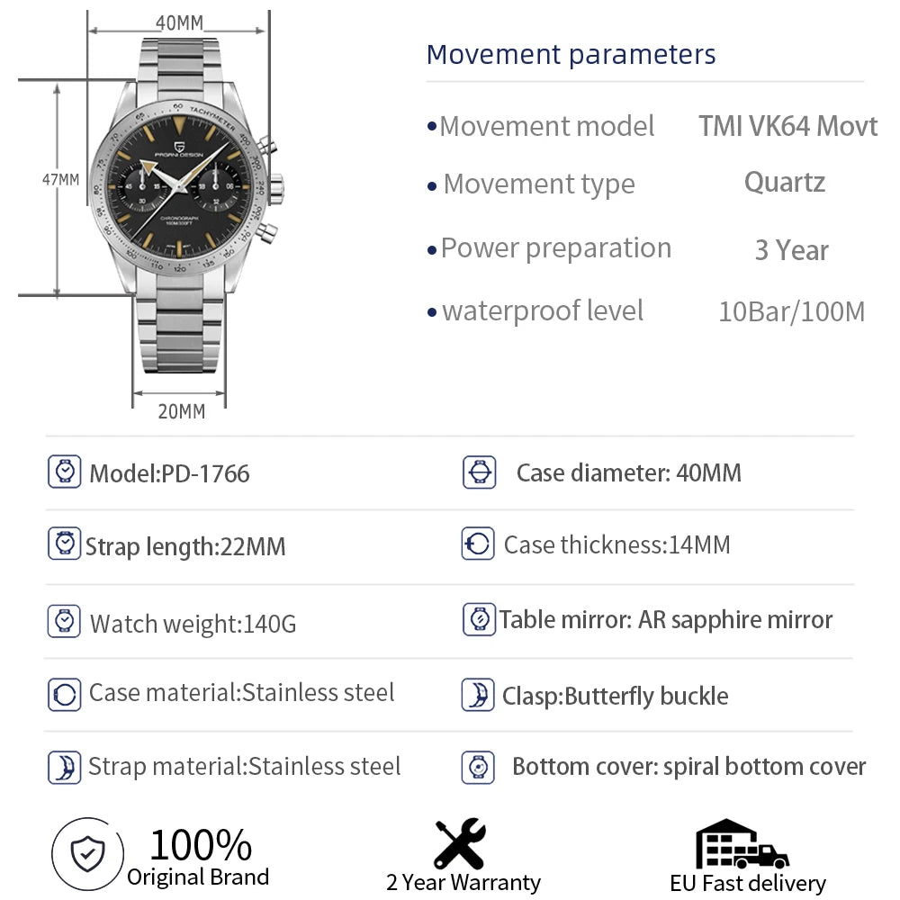 PAGANI DESIGN Mens Retro Moon Watches 2023 Top Brand Luxury Quartz Watch For Men Chronograph AR Sapphire Glass Waterproof Sports