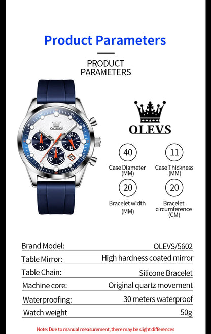 OLEVS 5602 Men Watch Silicone Strap Luxury Quartz Watch Classic HD Waterproof Luminous Chronograph TOP Business Dress Men Watch