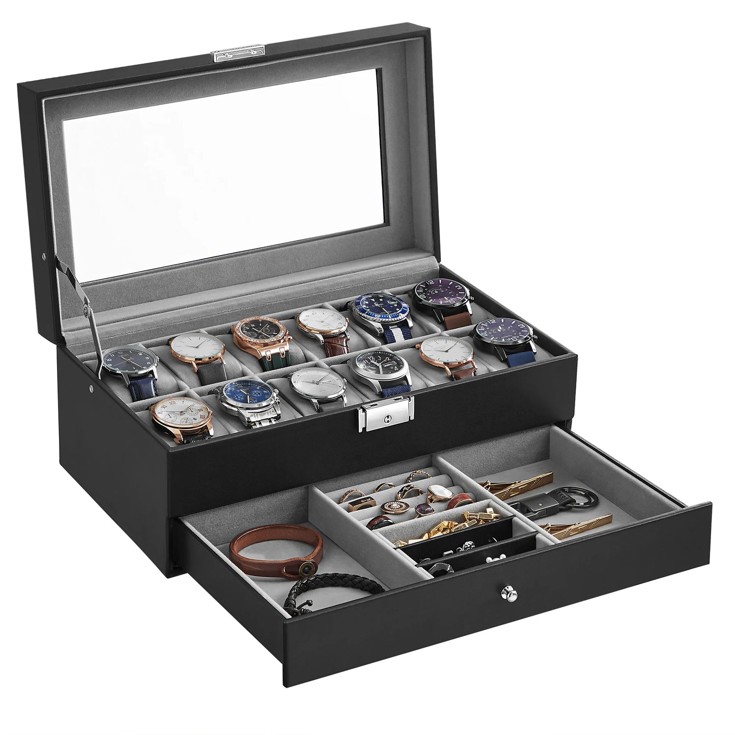 SONGMICS Lockable Watch Box 12-Slot with Glass Lid 2 Layers Watch Case with 1 Drawer for Rings And Bracelets Gift Idea