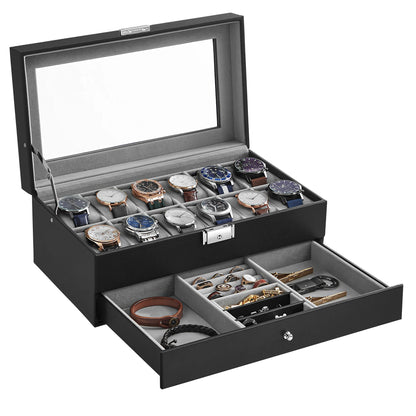 SONGMICS Lockable Watch Box 12-Slot with Glass Lid 2 Layers Watch Case with 1 Drawer for Rings And Bracelets Gift Idea