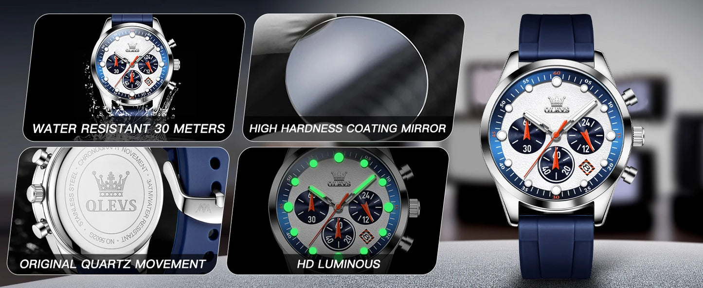 OLEVS 5602 Men Watch Silicone Strap Luxury Quartz Watch Classic HD Waterproof Luminous Chronograph TOP Business Dress Men Watch
