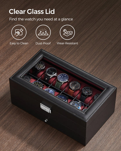SONGMICS Lockable Watch Box 12-Slot with Glass Lid 2 Layers Watch Case with 1 Drawer for Rings And Bracelets Gift Idea