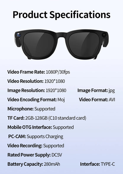 AI Smart Glasses V3 with 8MP Camera & ChatGPT. Features Bluetooth Call, Voice Wake-Up, Video Record & Music Play