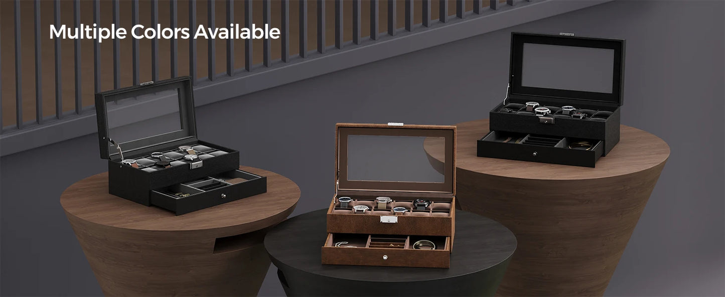 SONGMICS Lockable Watch Box 12-Slot with Glass Lid 2 Layers Watch Case with 1 Drawer for Rings And Bracelets Gift Idea