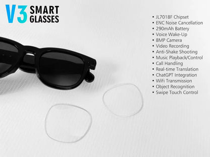 AI Smart Glasses V3 with 8MP Camera & ChatGPT. Features Bluetooth Call, Voice Wake-Up, Video Record & Music Play