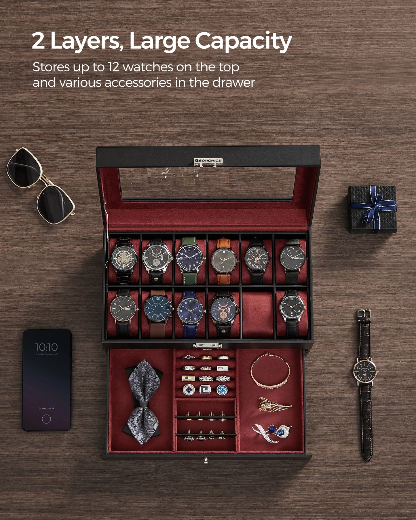 SONGMICS Lockable Watch Box 12-Slot with Glass Lid 2 Layers Watch Case with 1 Drawer for Rings And Bracelets Gift Idea