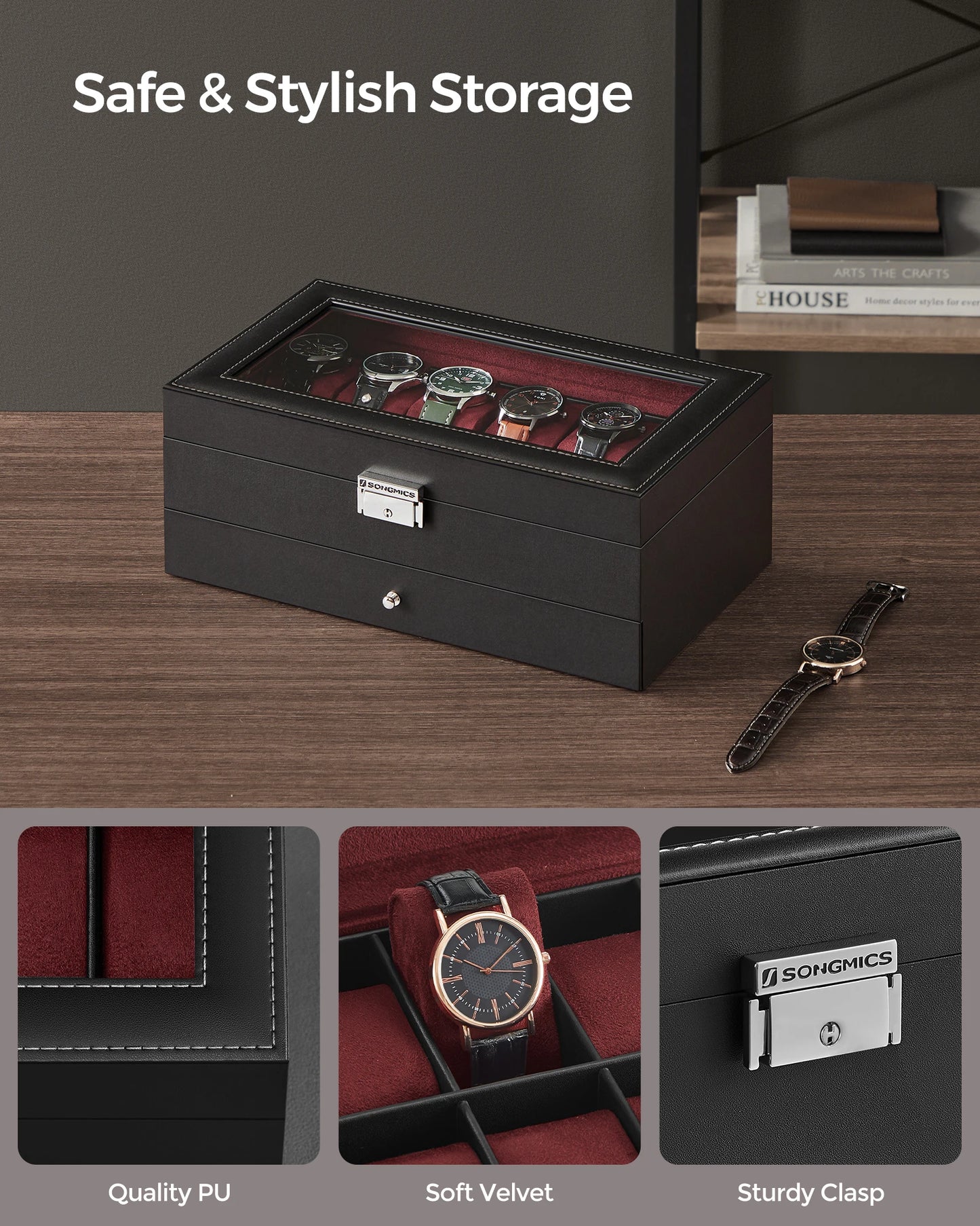 SONGMICS Lockable Watch Box 12-Slot with Glass Lid 2 Layers Watch Case with 1 Drawer for Rings And Bracelets Gift Idea