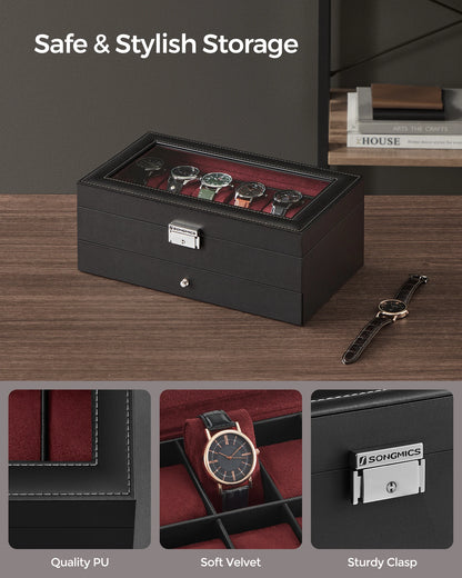 SONGMICS Lockable Watch Box 12-Slot with Glass Lid 2 Layers Watch Case with 1 Drawer for Rings And Bracelets Gift Idea