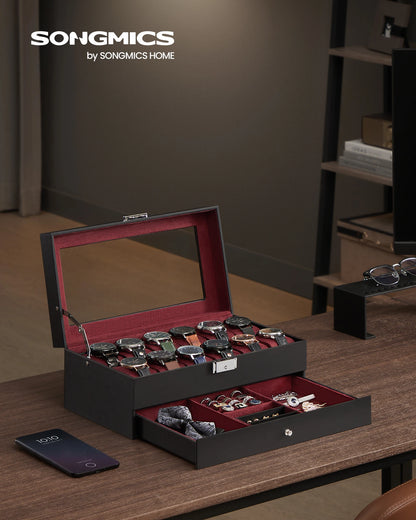 SONGMICS Lockable Watch Box 12-Slot with Glass Lid 2 Layers Watch Case with 1 Drawer for Rings And Bracelets Gift Idea